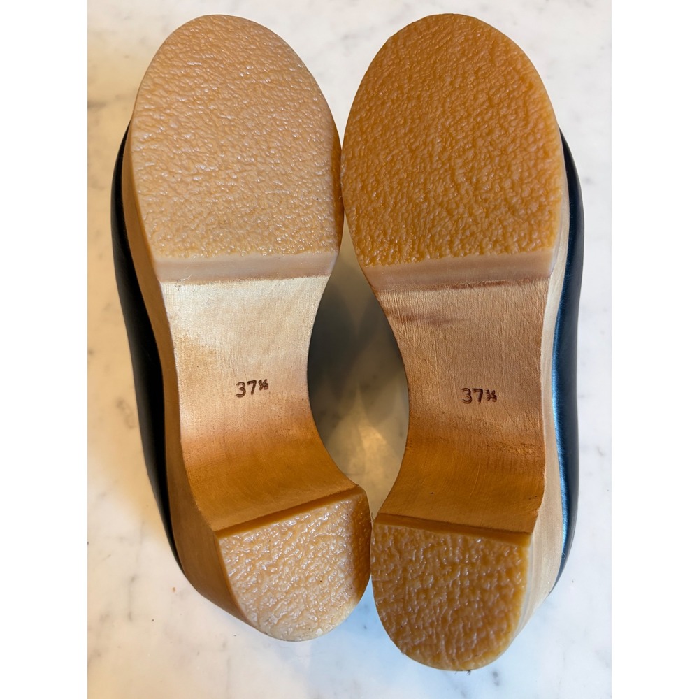 Frame Le Ione Clog Noir Black Leather Wooden Platform Mules Brass Buckle 37 US 7 - Picture 11 of 13